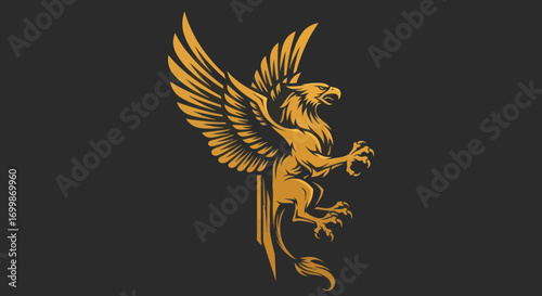 Majestic Golden Griffin Mythical Creature with Spread Wings.