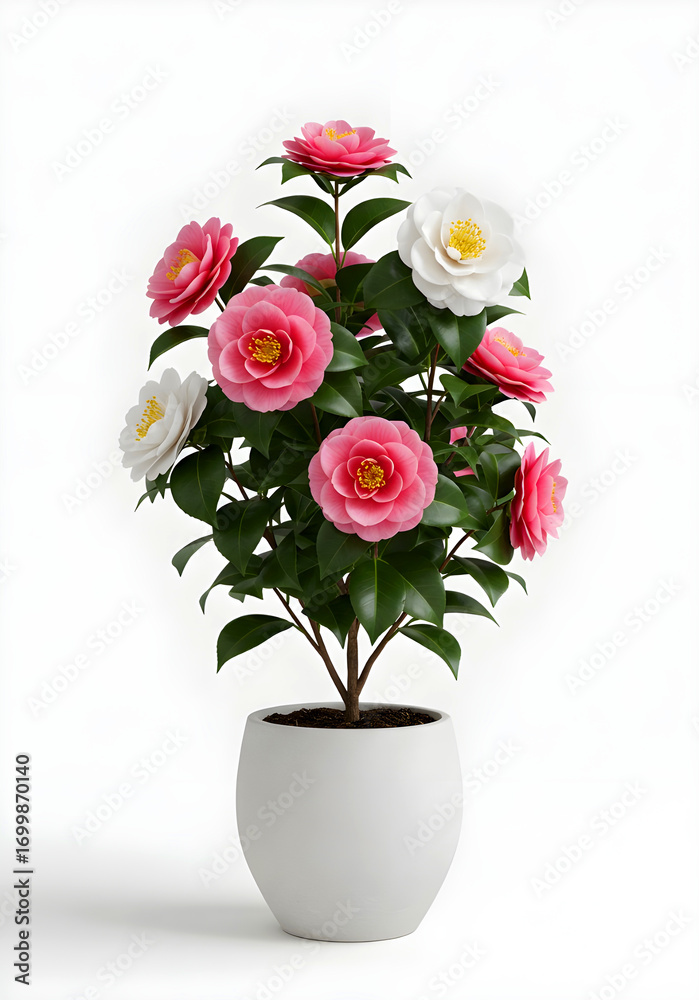 Naklejka premium Camellia Japonica Flowering Plant in White Pot | Tanaman Bunga Camellia Japonica dalam Pot Putih