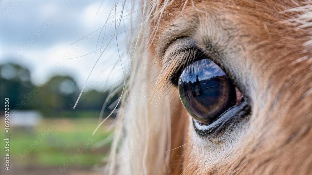 Fototapeta premium Close up of a horse eye with brown fur and a green field in the background on a cloudy day outdoors