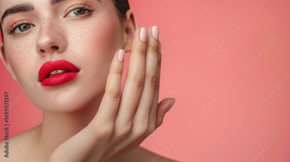 Fototapeta premium French Style Beauty Concept: Close-Up of Red Nail Polish & Makeup Primer for Youthful Female Skin Care on Clean White Background