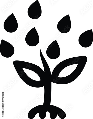 Simple Black and White Icon of a Sprouting Plant with Droplets seedling growth