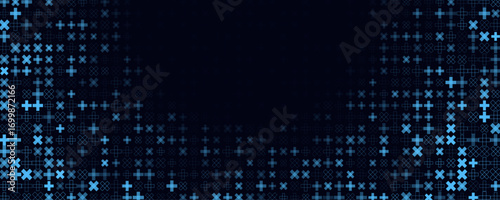 Blue plus cross icons surround center gradient background in tech vibe. Border frame texture for health, data, cyber in banner, header, cover, slide, app. Modern geometric BG. Vector illustration.