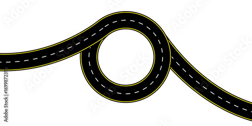 Top view of a long winding highway with dashed center lines and smooth asphalt texture vector illustration. Backgrounds route planning highway icons journey graphics and empty lane transport designs