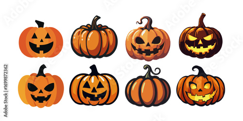 Collection of eight Halloween pumpkins with different spooky carved faces in cartoon style on white background, symbolizing Halloween fun