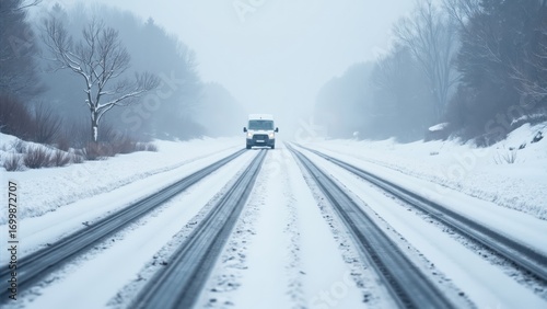White Van on Snow-Covered Two-Lane Road