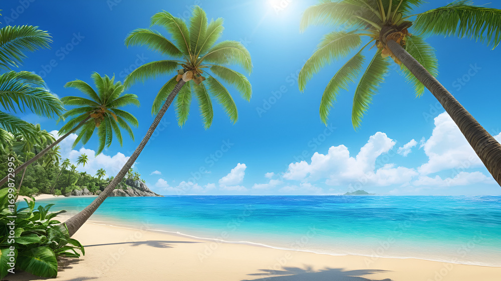 Fototapeta premium Tropical beach scene with palm trees (1)
