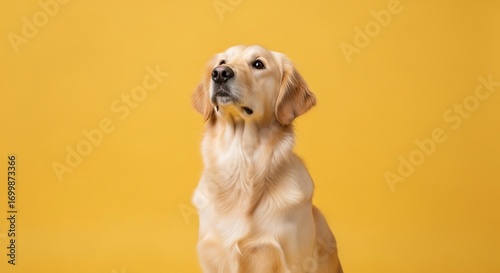Golden retriever dog looking upward against yellow background