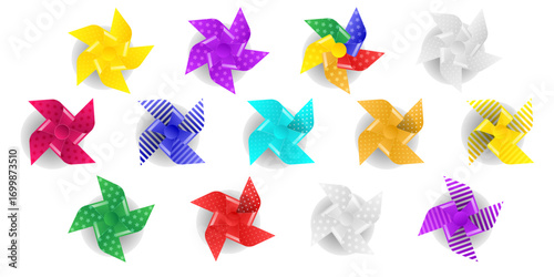 Realistic vector whirligig toy pinwheel isolated background colorful rainbow paper spinner fan wheel summer breeze childhood game concept windmill illustration flower icon set design