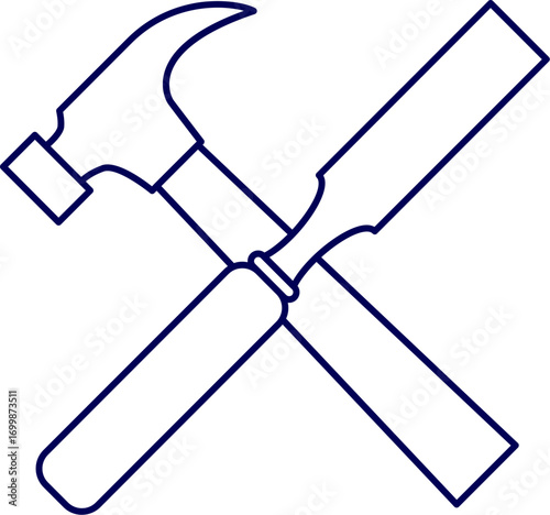 chisel and hammer outline vector illustration. chisel and hammer icon, chisel and hammer line art, perfect for chisel and hammer logos and icons. Crossed hammer chisel outline single line tools. 