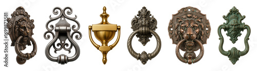 Ornate door knocker set including lion head, classical, scrolled, and decorative styles isolated. Brass, bronze, and iron home architectural hardware collection.