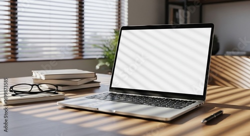 Laptop computer on desk with books and glasses workspace mockup
