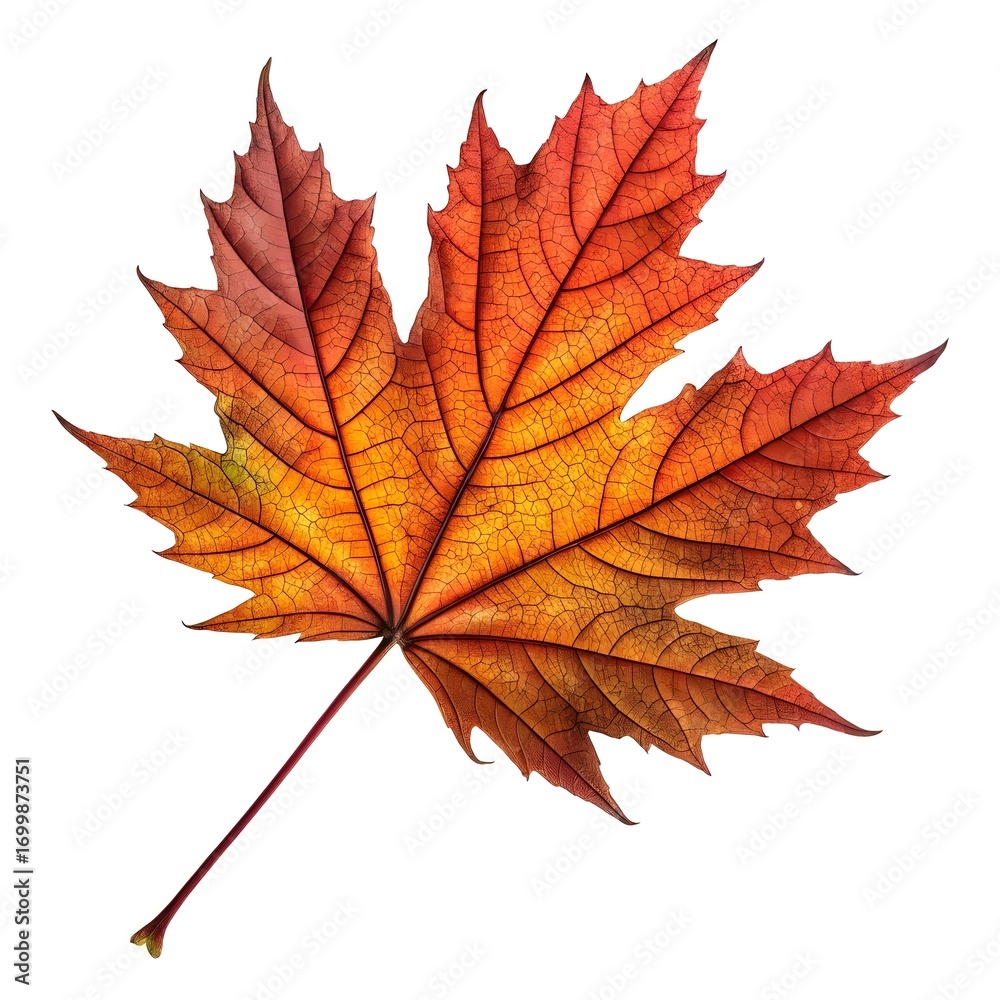 Fototapeta premium Chinese Maple Leaf Graceful Single Leaf with Brilliant Red-Orange Hues and Intricate Veins, Symbolizing Autumn Elegance and Natural Simplicity on Crisp White Background for Artistic Still Life