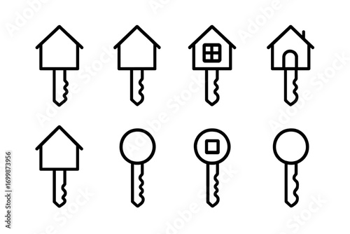 Neon outline keys with house designs on gradient background