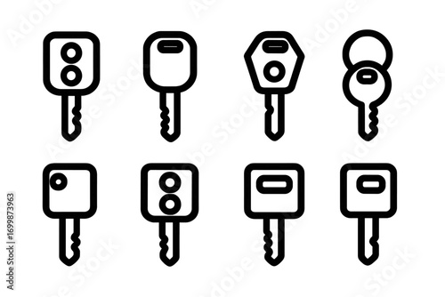Outline set of modern car keys with varied shapes on gradient background