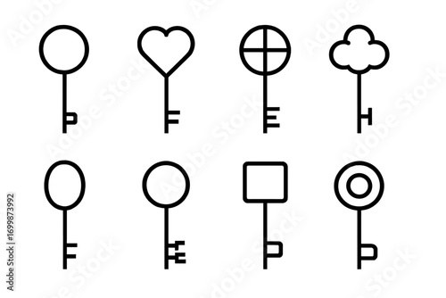 Set of 8 minimal line art keys with unique shapes on metallic background