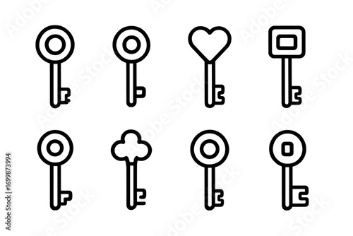 Set of eight neon outline keys on dark gradient background
