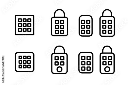 Neon glowing lock and keypad icon set on dark background