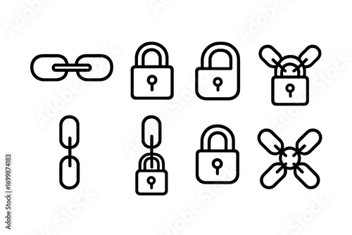 Glowing padlock and chain icons on dark background for security themes
