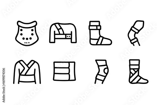 Neon outline martial arts gear icons on dark background