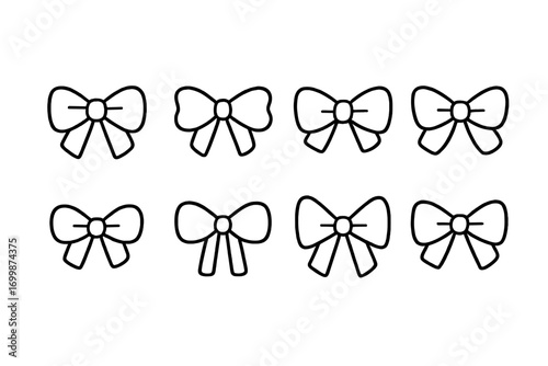 Elegant collection of eight minimalistic bow silhouettes on gradient background