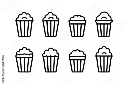 Glowing popcorn buckets on grayscale background: neon outline design