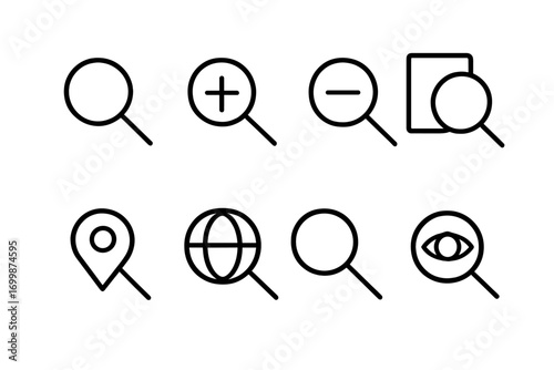 Neon search icons set on dark background