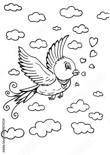 Flying Love Bird with Heart Symbols – Hand Drawn Line Art Coloring Page