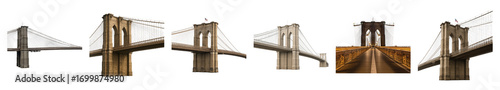 Brooklyn Bridge set featuring various angles, day, night, and structural views isolated. Historic New York City landmark.