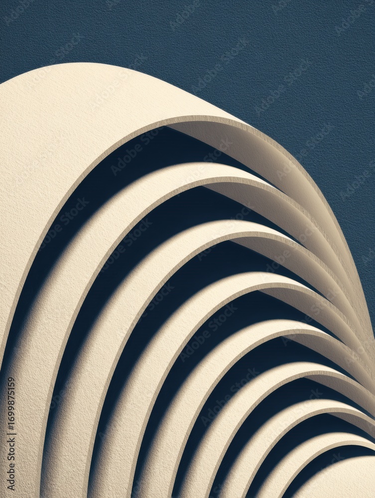 Fototapeta premium Curved Paper Layers Create a Rhythmic Pattern Against a Dark Blue Background Emphasizing Texture and Form in an Abstract Design