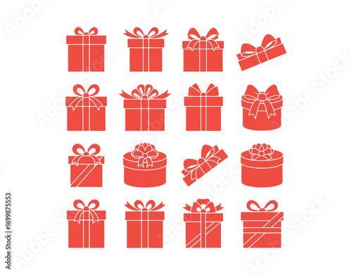 Collection of icons featuring different gift boxes and ribbons. Vector

