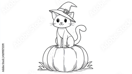 Black and white drawing of a cat wearing a witch hat sitting on a pumpkin