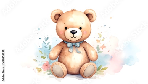 Cute teddy bear surrounded by flowers and watercolor splashes