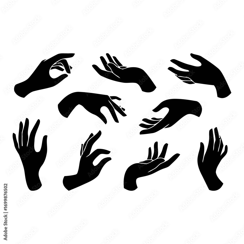Obraz premium Hands in Various Poses: Silhouette Vector Collection, set of hands