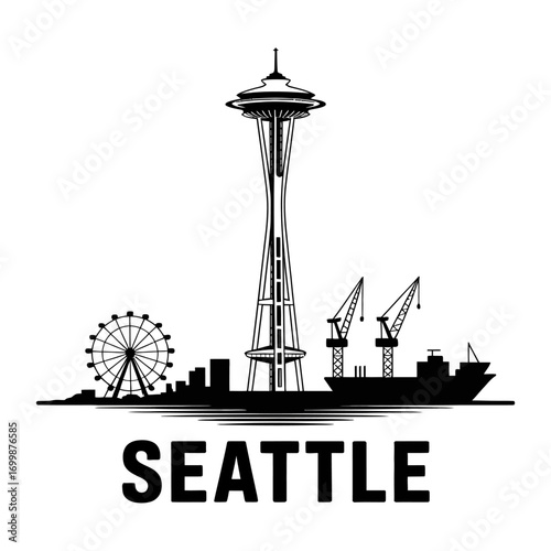 Minimal black and white silhouette of downtown Seattle skyline featuring iconic urban architecture, modern highrise buildings, and sharp cityscape contrast for abstract city design concept. 