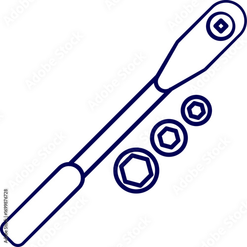Ratchet wrench and socket set. Torque wrench vector icon. Socket Wrench Set. Outline icon set of socket wrench: ratchet handle and socket. Ratchet with Socket Set and Extension Tools. 