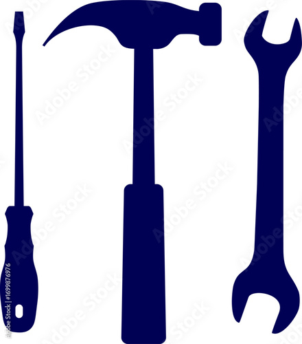 Wrench, hammer, and screwdriver silhouette vector icon set. Tools wrench screwdriver and hammer for repair and construction