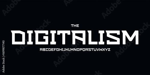 Square modern logo font, blocky scifi alphabet. Bold digital typeface for space headline, tech UI interface, science fiction title, HUD, robotic branding, futuristic display, sport. Vector typography