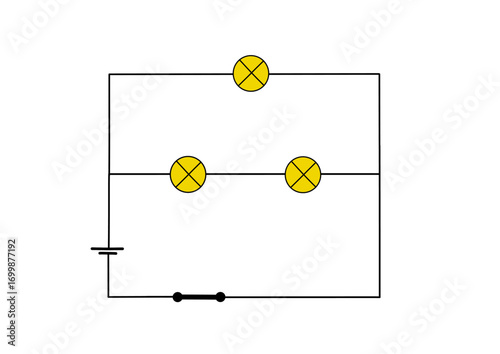 Electrical circuit diagram with light bulbs and power source. Simple illustration of a basic circuit isolated on white background