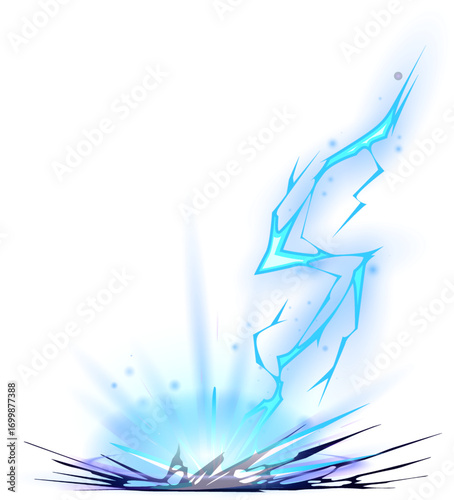 Thunderstorm hit the ground. Thunder bolt, lightning thunderbolt effect. Electric thunderstorm energy attack or shock hitting the ground with powerful intensity and electricity impact