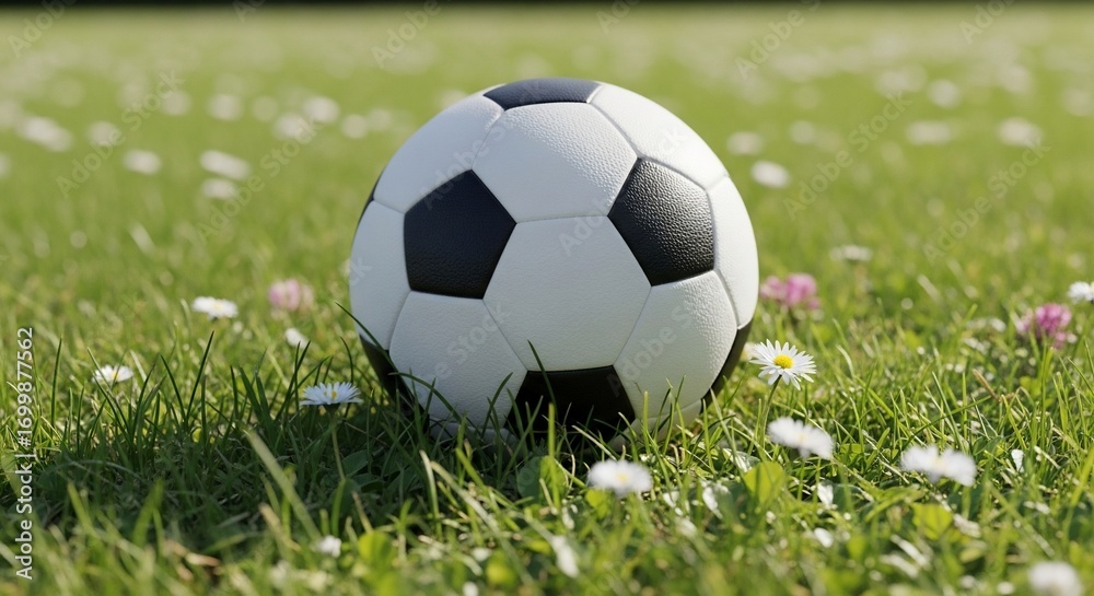 Obraz premium Soccer ball on grass with flowers sports recreation and nature image