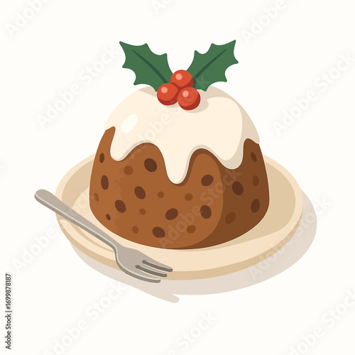 Festive Christmas pudding ready to enjoy with fork