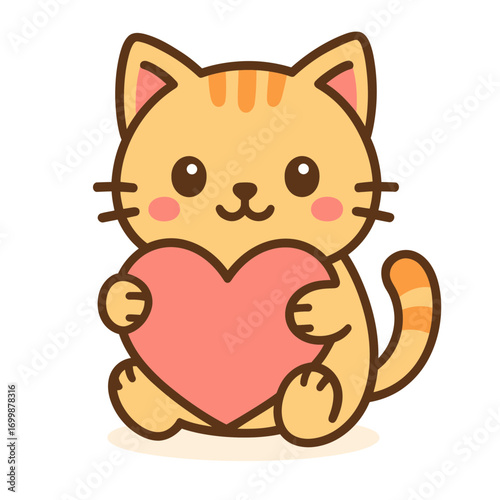 Adorable cat hugs pink heart with love