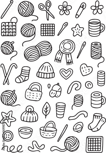 Handmade craft doodles collection in black and white. Knitting, crochet, embroidery, sewing, handwork elements. Vintage sketch style, perfect for design, decoration, coloring and patterns.