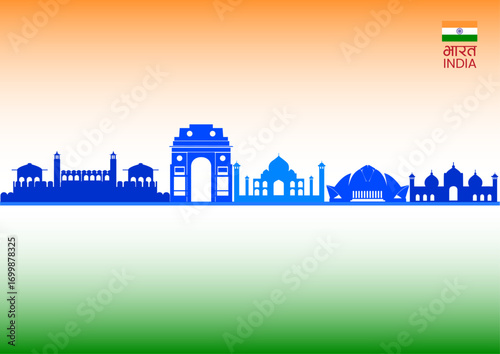 India skyline vector illustration featuring iconic landmarks such as the Taj Mahal, India Gate, Lotus Temple, Qutub Minar, and modern city buildings in silhouette style, perfect for travel, tourism