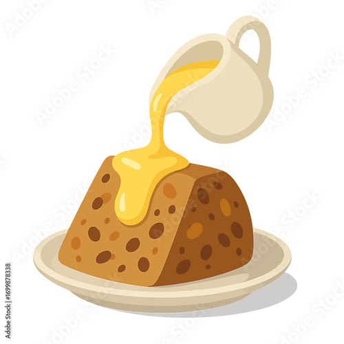 Warm pudding with sweet sauce poured generously
