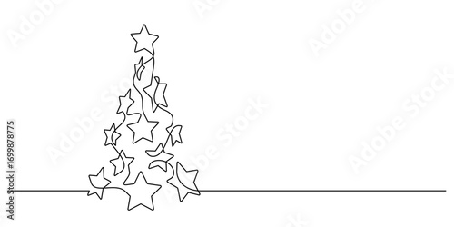 christmas tree stars decorative one line drawing continuous minimalism copy space
