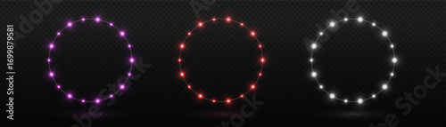 Set of glowing garland LED neon circle frames in red and white. Isolated transparent background, ideal for holiday decorations, banners, and festive design elements, Vector PNG.