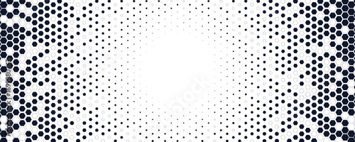 Hexagon honeycomb shapes form gradient halftone pattern radiating toward center, creating abstract futuristic geometric background. Vector illustration