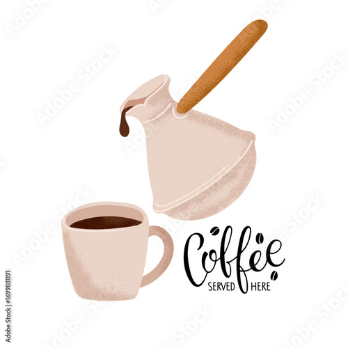 Coffee Served here. Coffee pours from coffee mug into cup with coffee and text on white background. Vector hand drawn lettering. Template of banner, coffee shop poster , restaurant, company, cafe.