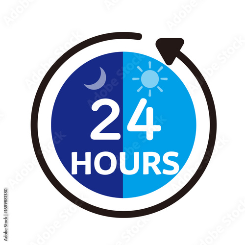 24 Hours Service Icon, 24 7 Open Sign, Day and Night Support Symbol, Customer Assistance Logo Illustration